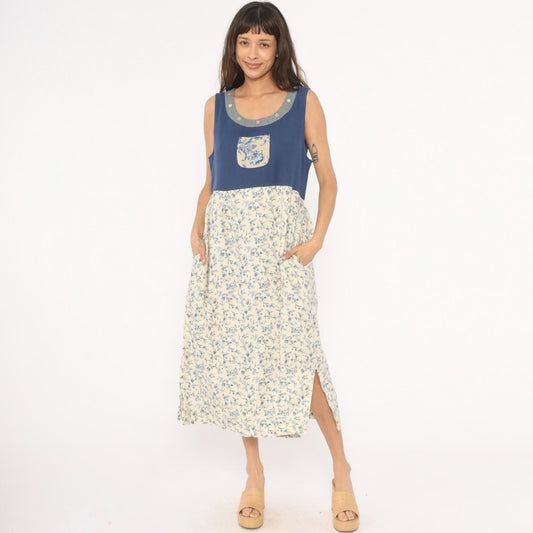 90s Napa Valley Floral Jumper Dress Blue Cream Linen Midi Large L