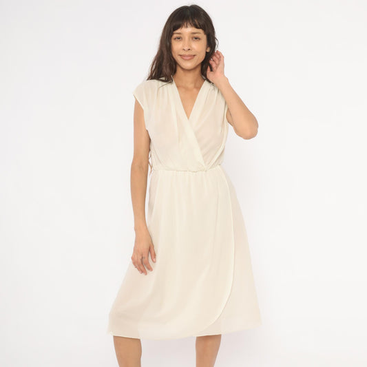 70s Oops Cream Wrap Dress V-Neck Cap Sleeve Midi Ivory Small S