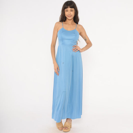 70s Sky Blue Maxi Dress Spaghetti Strap Rosette Detail Side Slit Extra Small XS