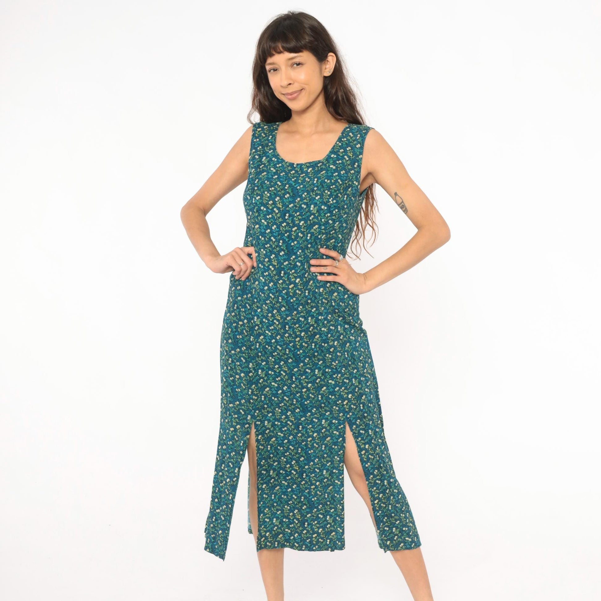 90s TR Bentley Floral Midi Dress Teal Sleeveless Scoop Neck Medium M