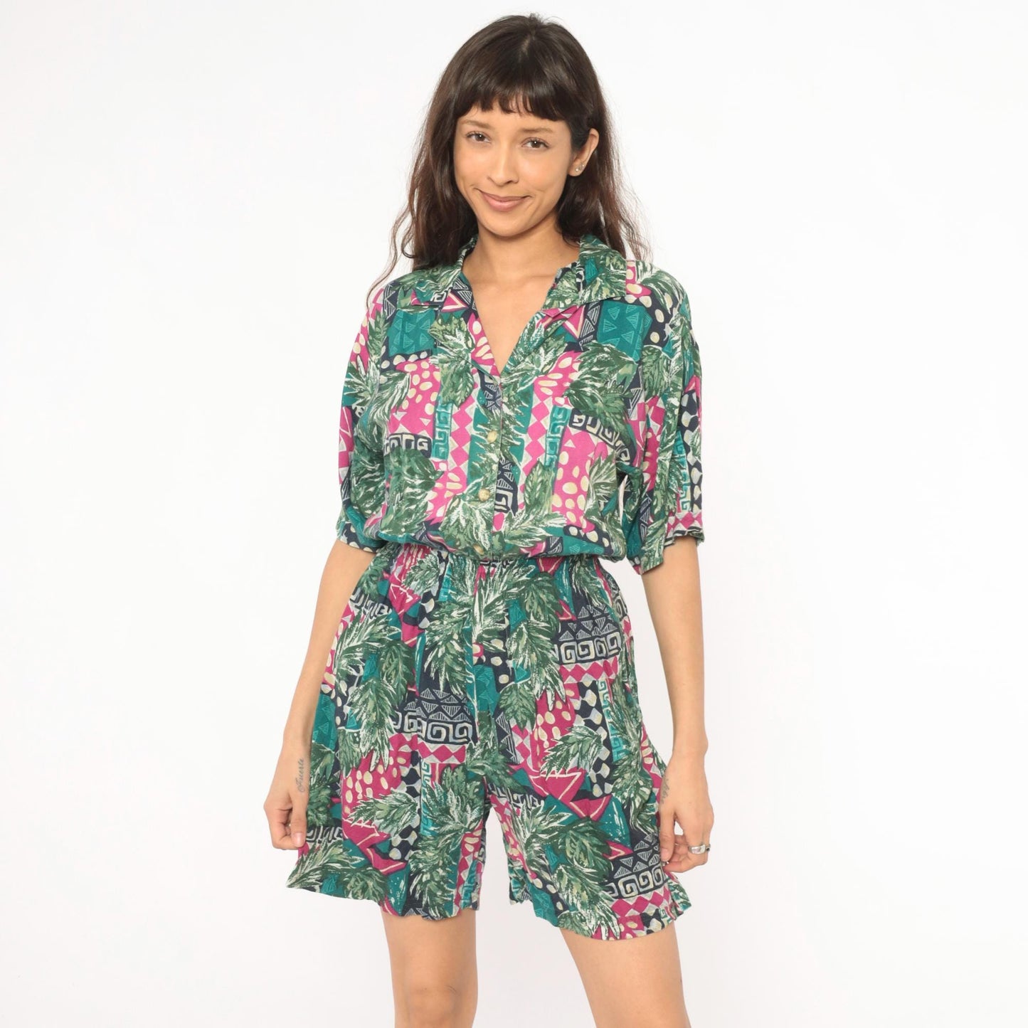 80s C.A. Sport Tropical Romper Green Magenta Leaf Print Button Front Small