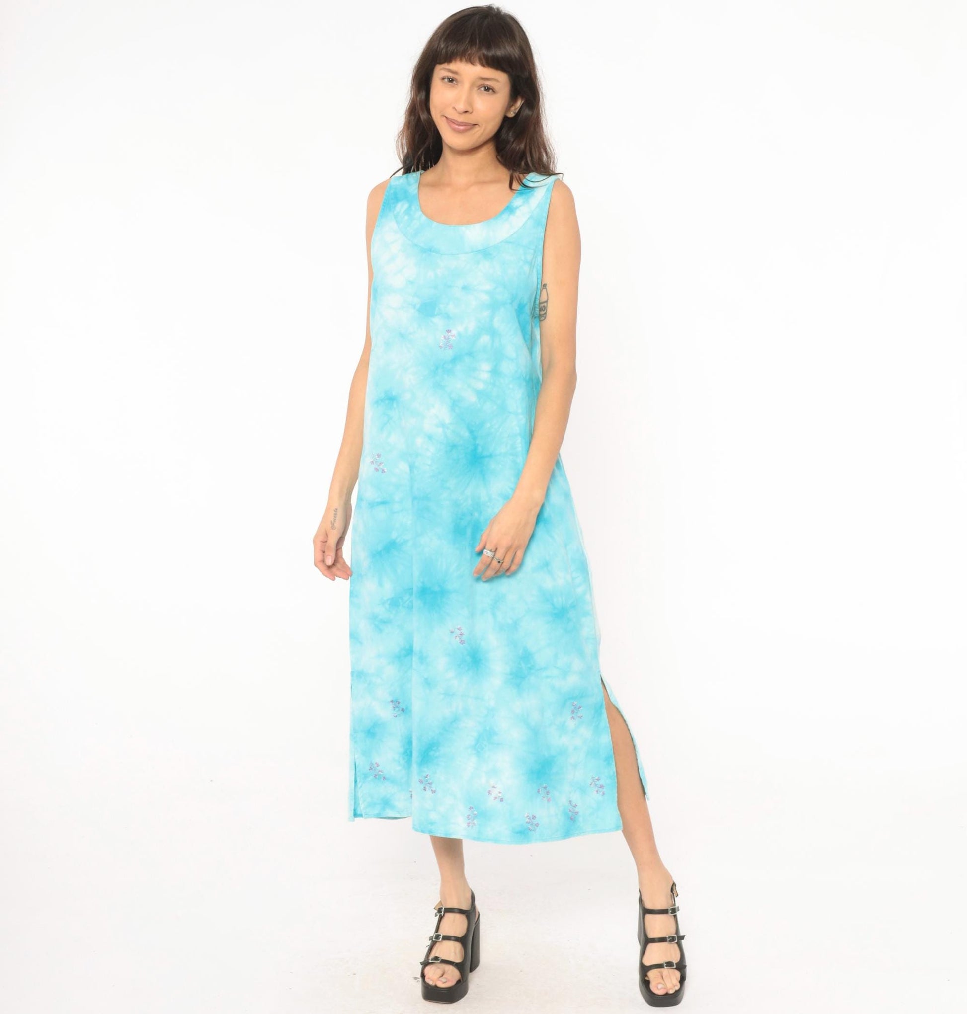90s Basic Editions Tie Dye Maxi Dress Sky Blue Embroidered Floral Cotton Medium M