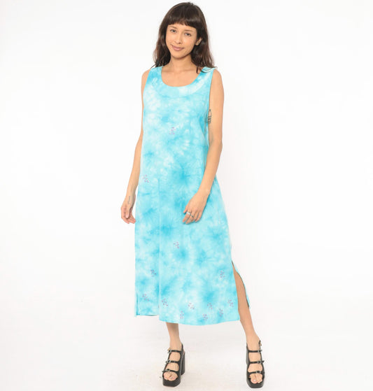 90s Basic Editions Tie Dye Maxi Dress Sky Blue Embroidered Floral Cotton Medium M