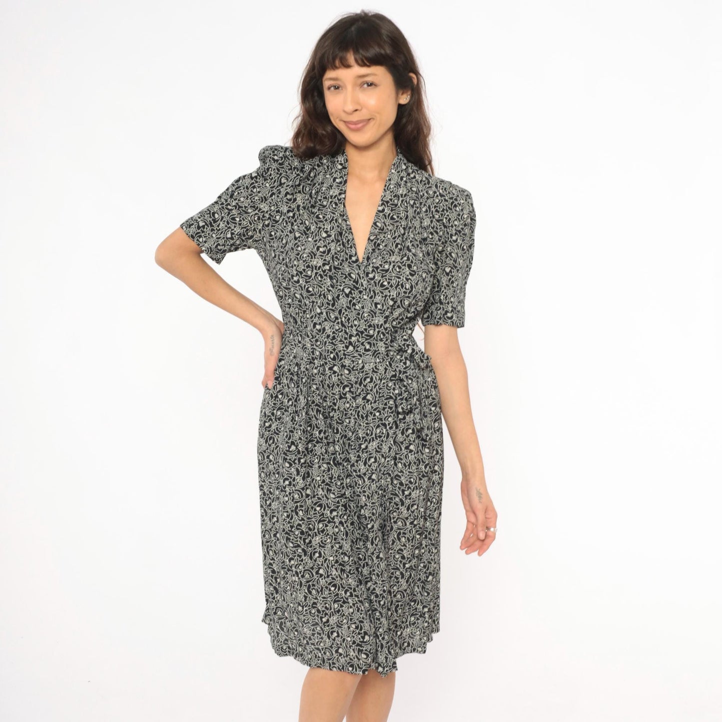 90s Karin Stevens Floral Wrap Dress Black Cream Puff Sleeve Small