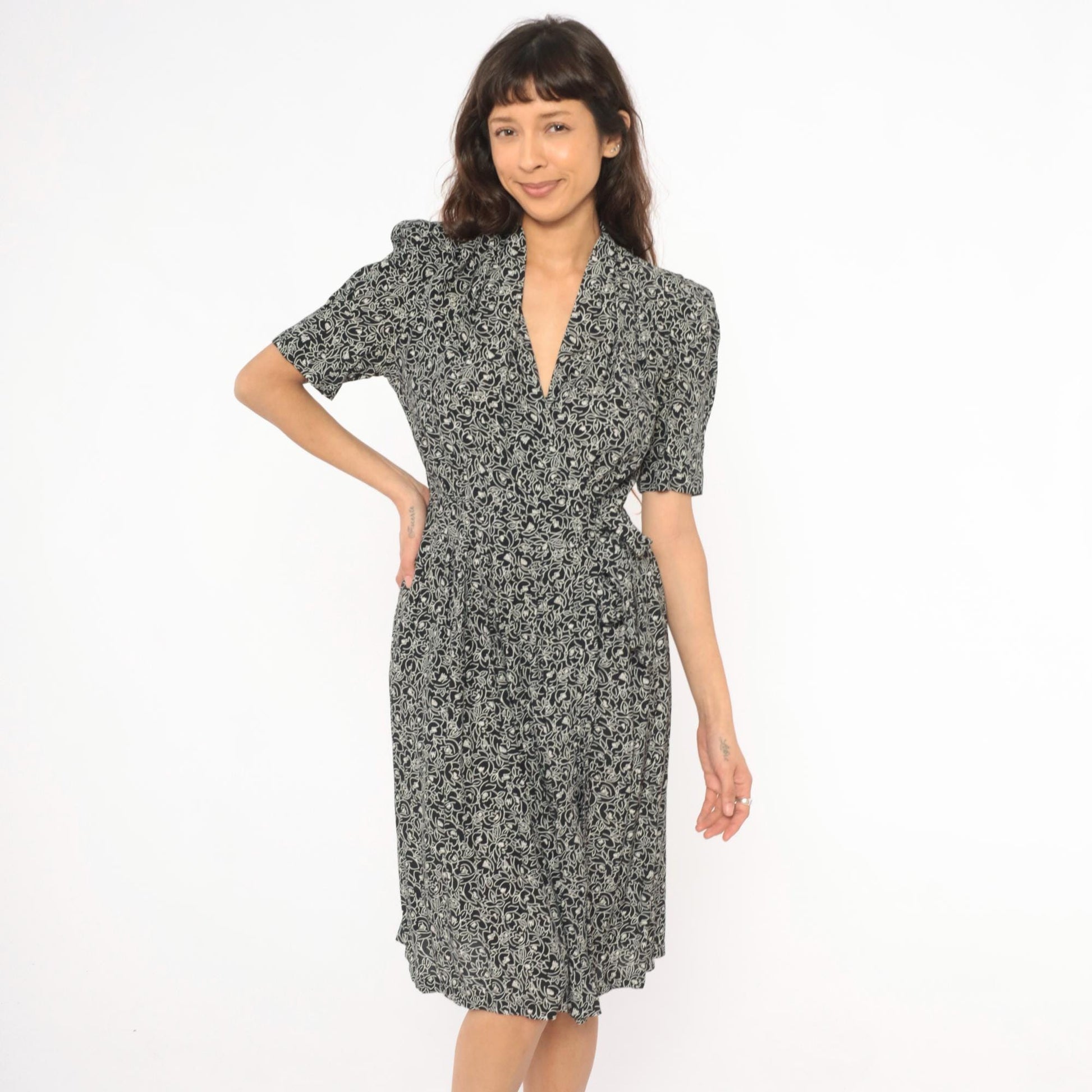 90s Karin Stevens Floral Wrap Dress Black Cream Puff Sleeve Small