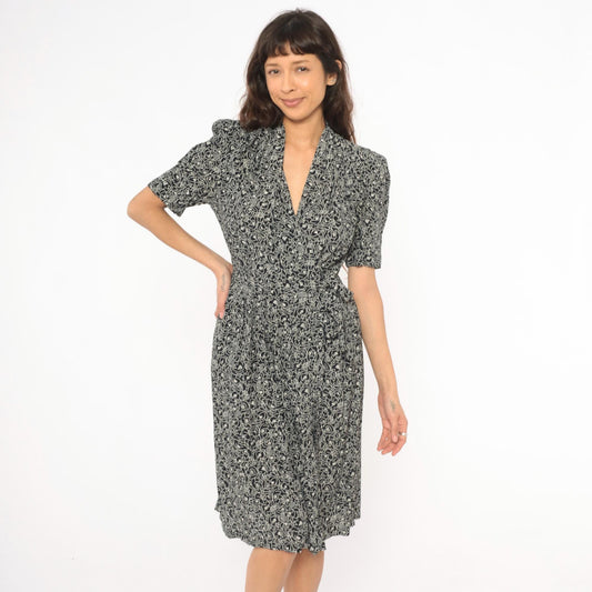 90s Karin Stevens Floral Wrap Dress Black Cream Puff Sleeve Small