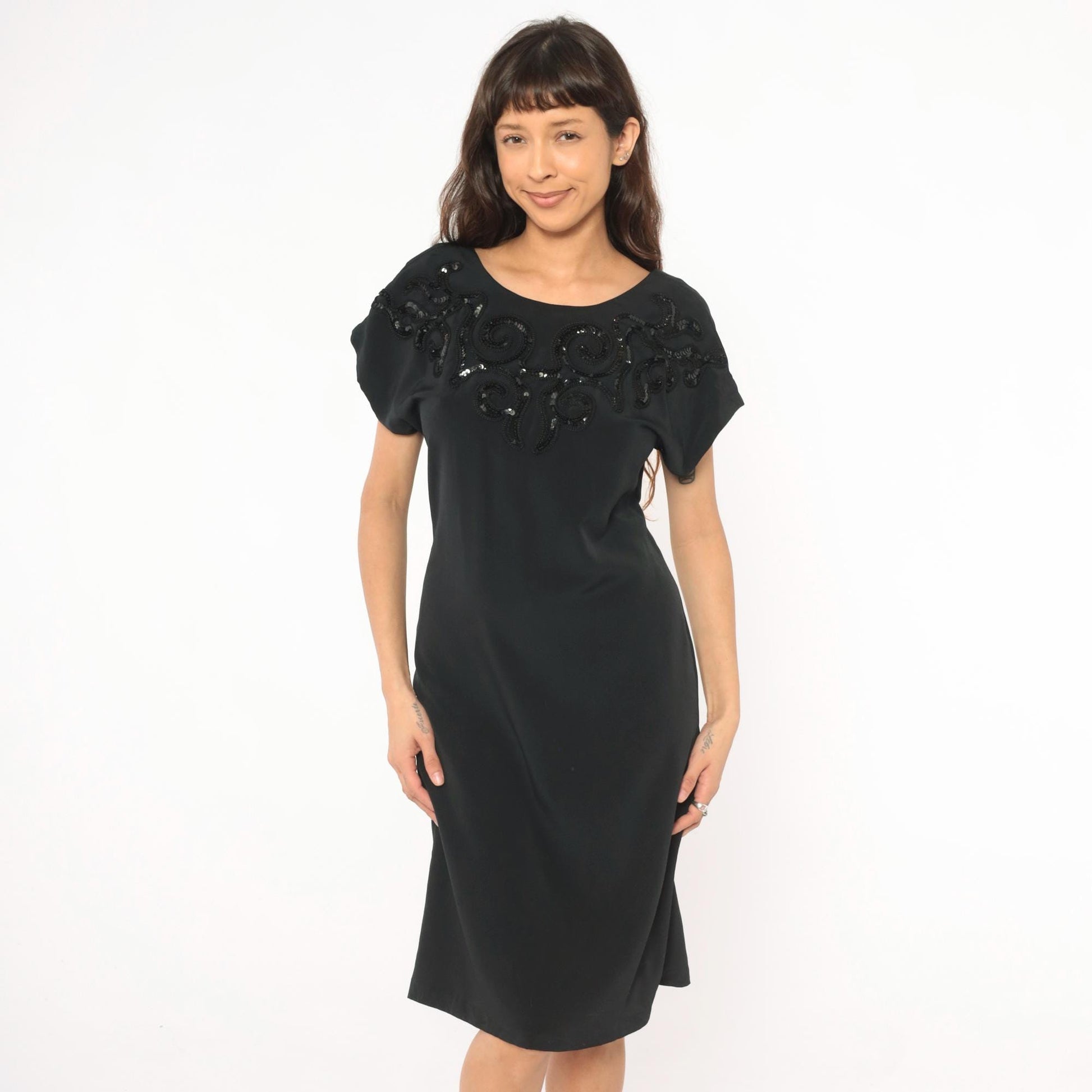 80s Susan Roselli Sequin Beaded Black Sheath Dress Scoop Neck Small S