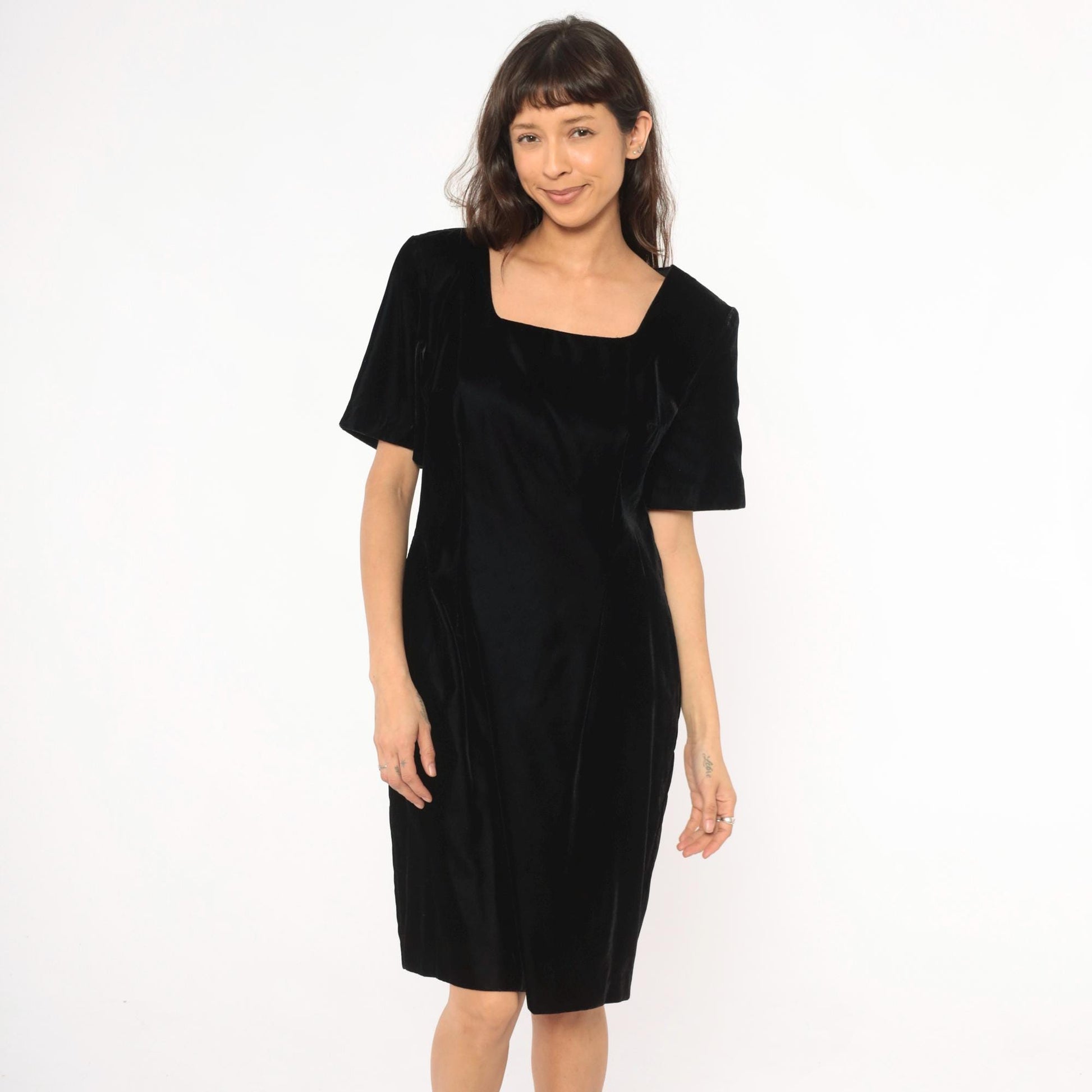 90s My Michelle Black Velvet Dress Square Neck Short Sleeve Knee Length Large L