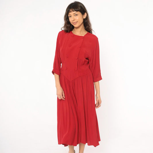 80s Piccolino Petites Crimson Double Breasted Midi Dress Round Neck Small Medium