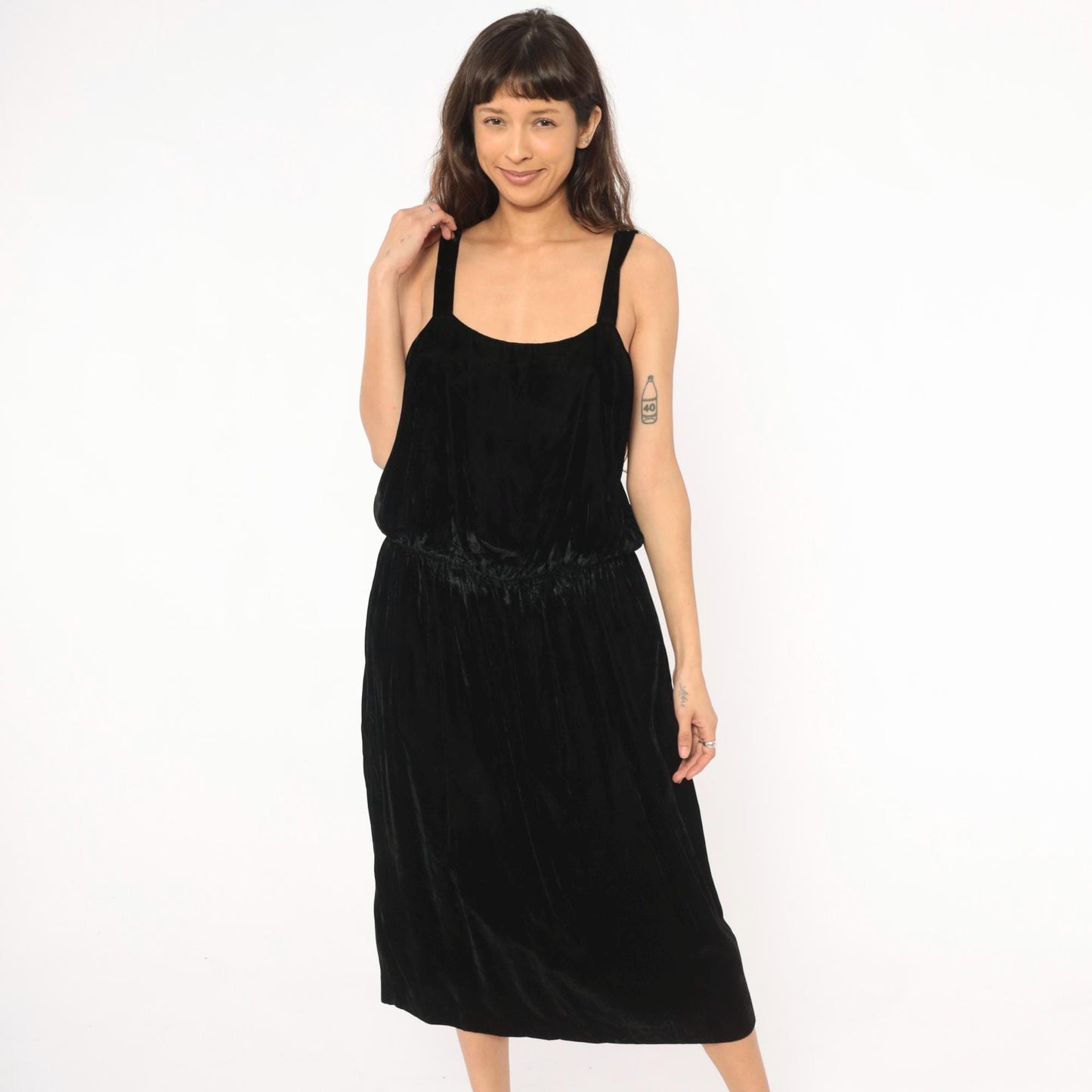 80s Black Velvet Sleeveless Dress Gathered Waist Scoop Neck Midi Large L