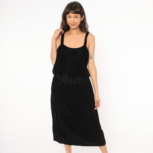 80s Black Velvet Sleeveless Dress Gathered Waist Scoop Neck Midi Large L