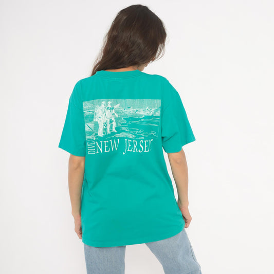 90s Divers Two Scuba Graphic T-Shirt Teal New Jersey Cotton Extra Large XL