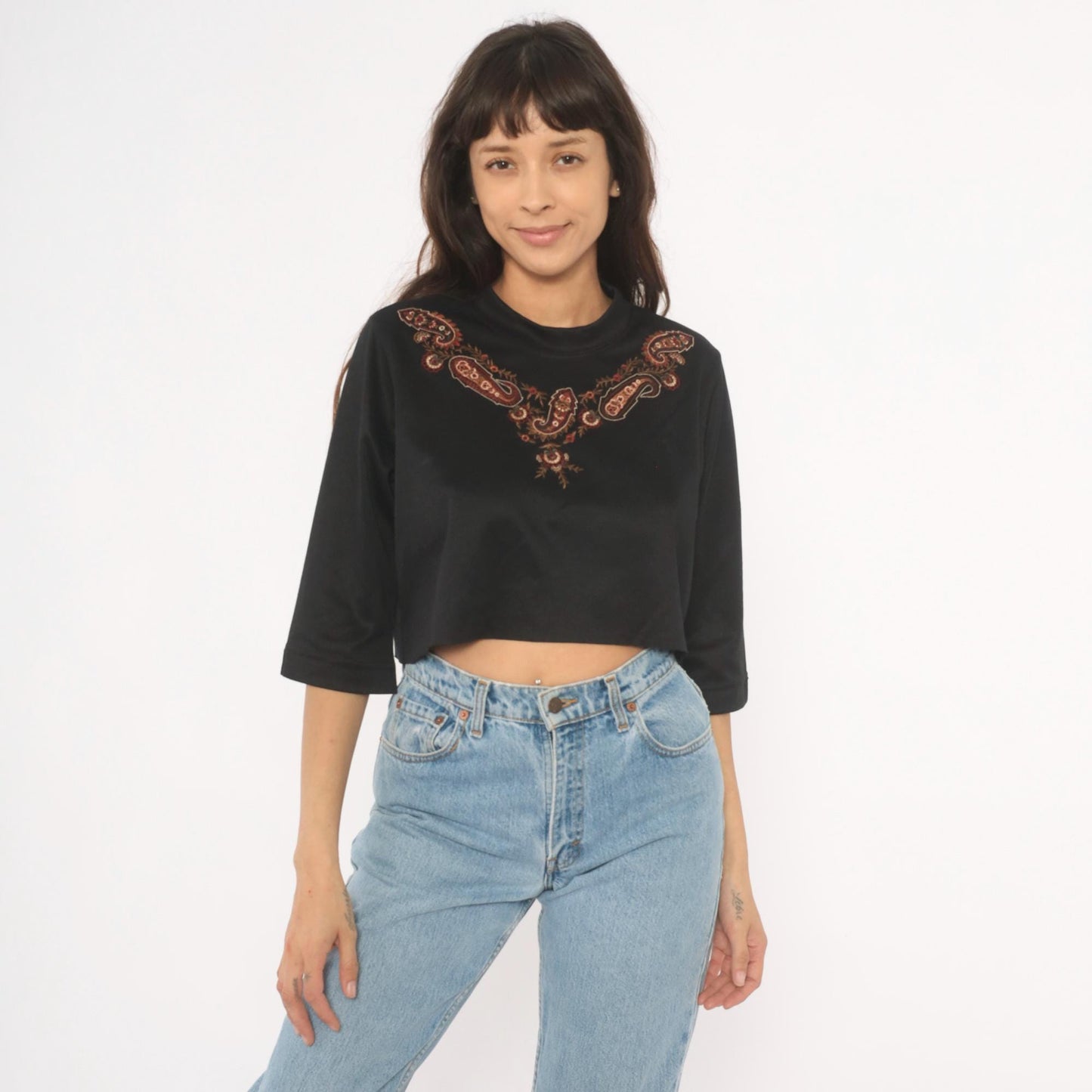 80s Bon Worth Paisley Embroidered Crop Top Black Three Quarter Sleeve Small