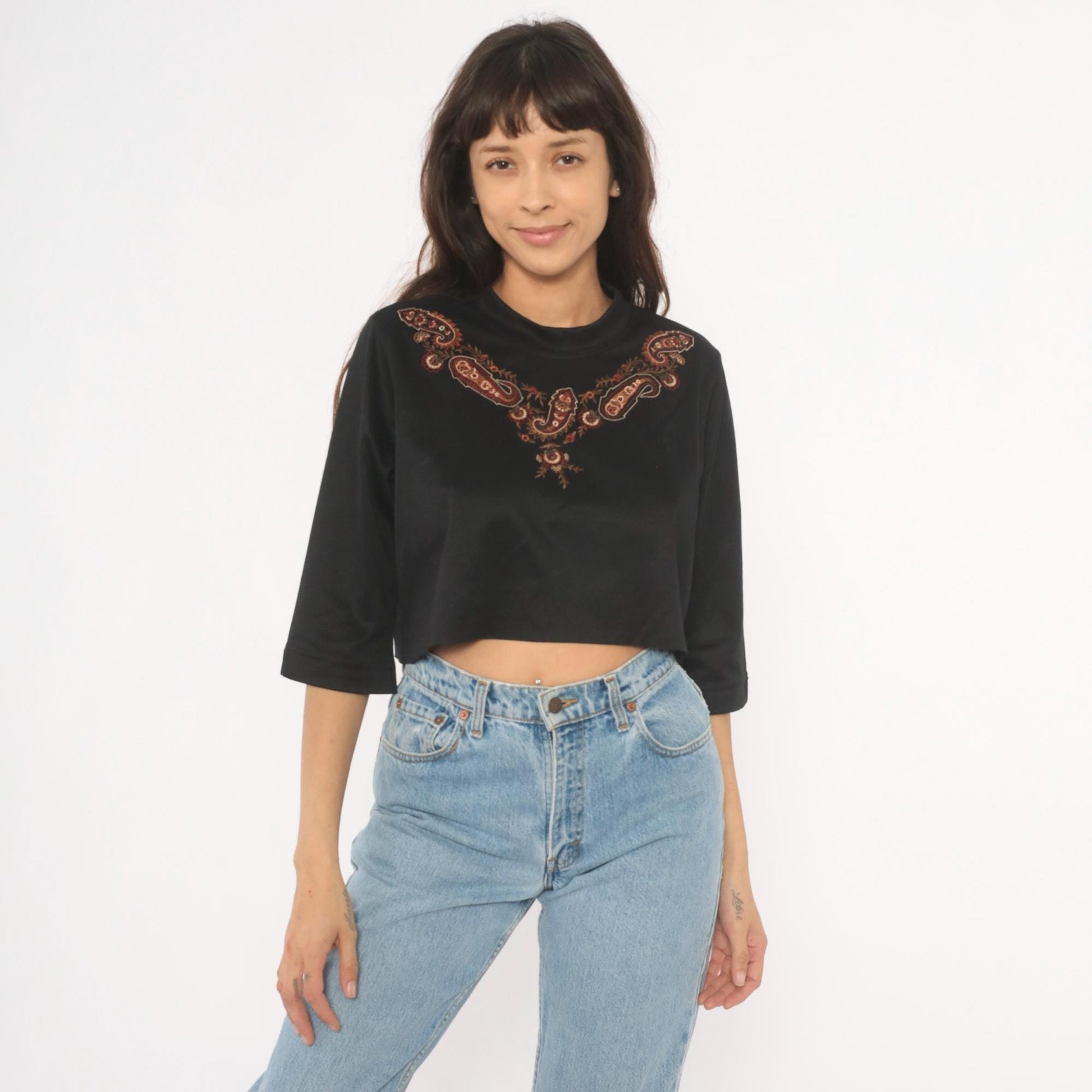 80s Bon Worth Paisley Embroidered Crop Top Black Three Quarter Sleeve Small