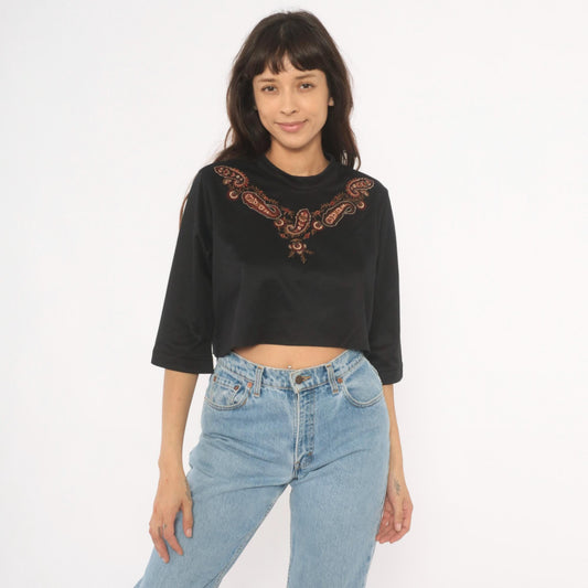 80s Bon Worth Paisley Embroidered Crop Top Black Three Quarter Sleeve Small