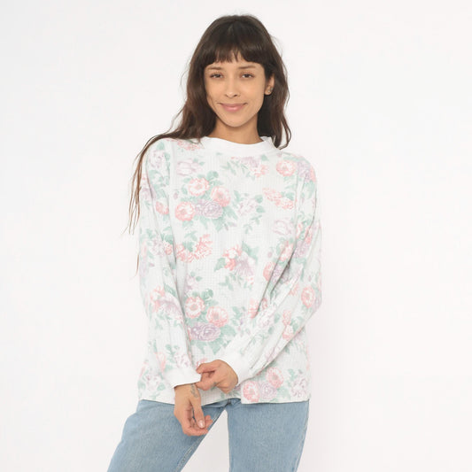 90s Floral Crewneck Sweatshirt Pink Lavender Rose Print White Medium