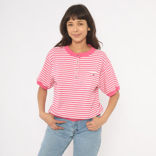 90s N Resource Pink Striped Henley Button Top Chest Pocket Medium