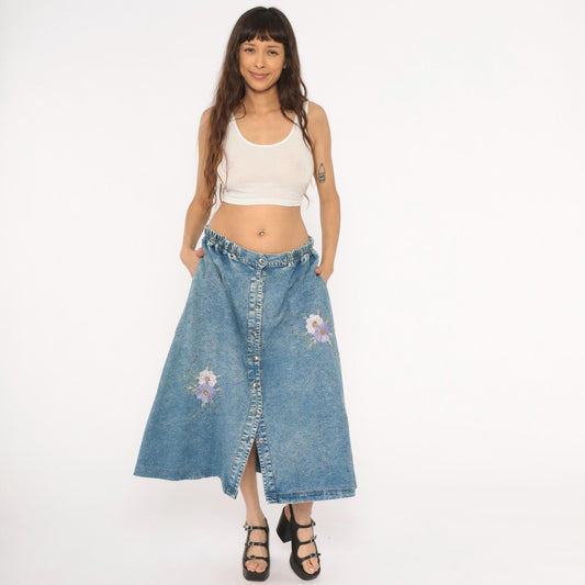 90s Carolina Bay Acid Wash Denim Midi Skirt Floral Embroidered Blue Extra Large XL