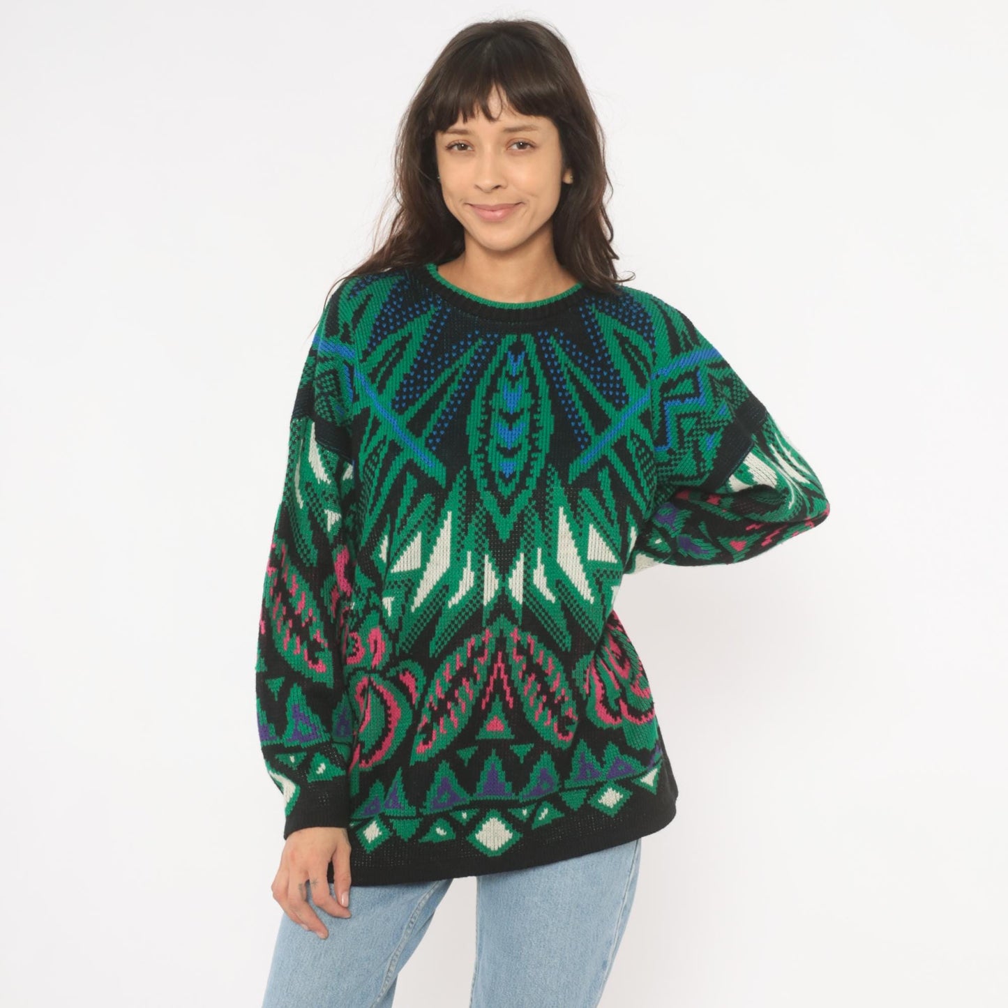 90s Venezia Geometric Jacquard Knit Sweater Green Pink Blue Crewneck XL
