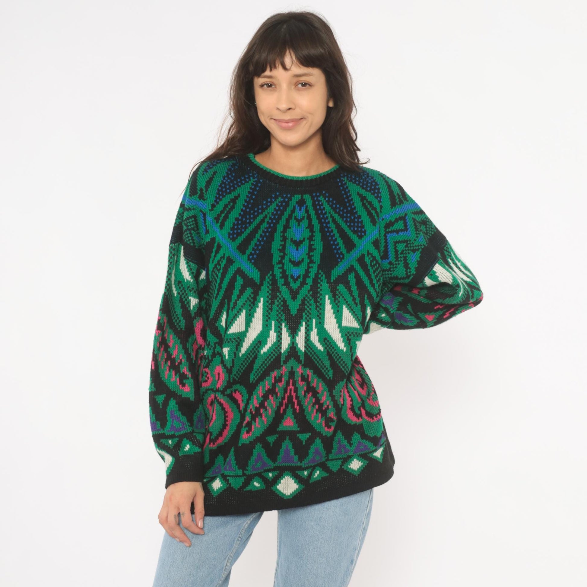 90s Venezia Geometric Jacquard Knit Sweater Green Pink Blue Crewneck XL