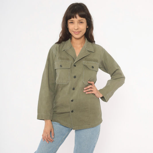 1940s HBT Military Field Jacket Olive Drab Cotton Army WWII Small