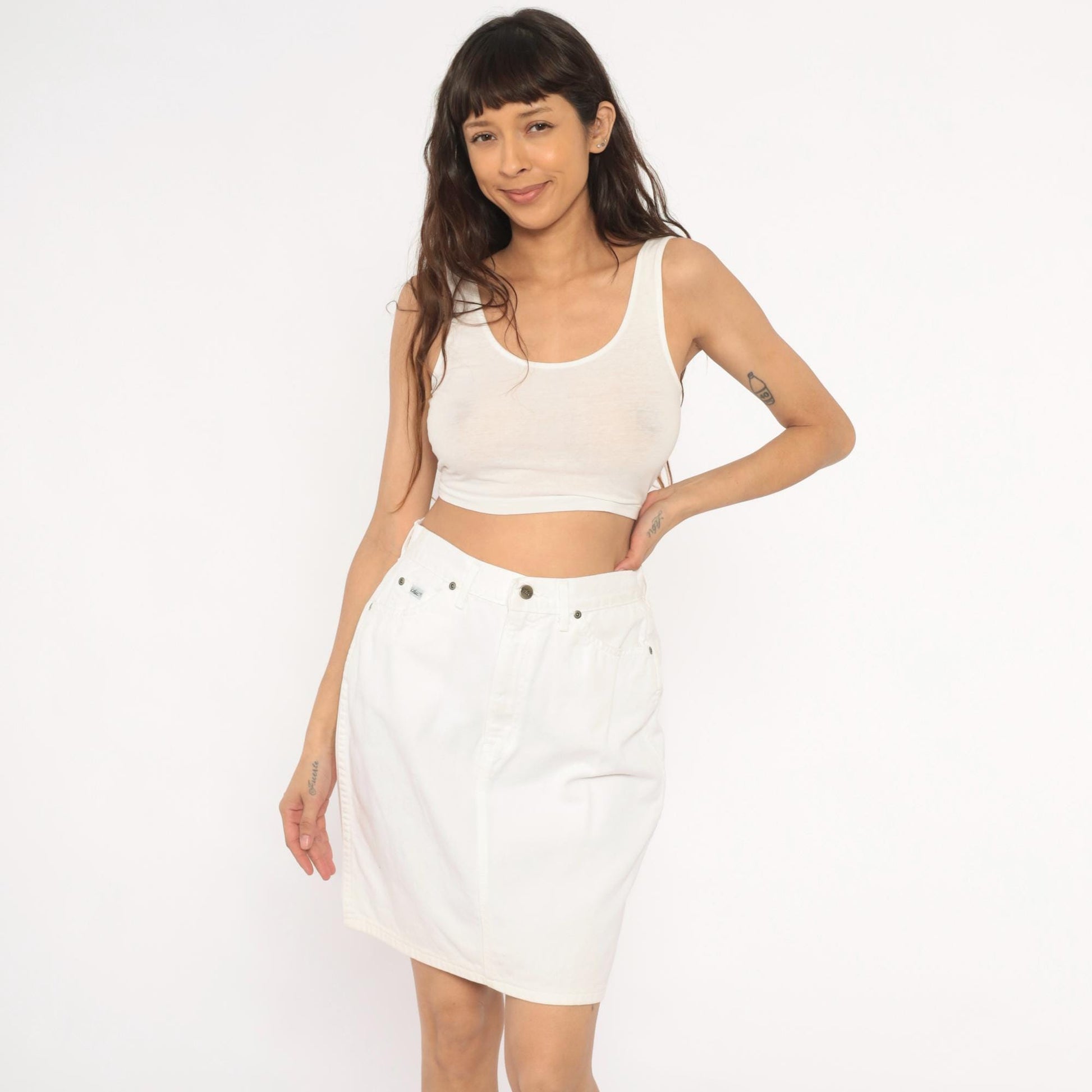 90s Chic White Denim Pencil Skirt High Waisted Mini Cotton Medium M