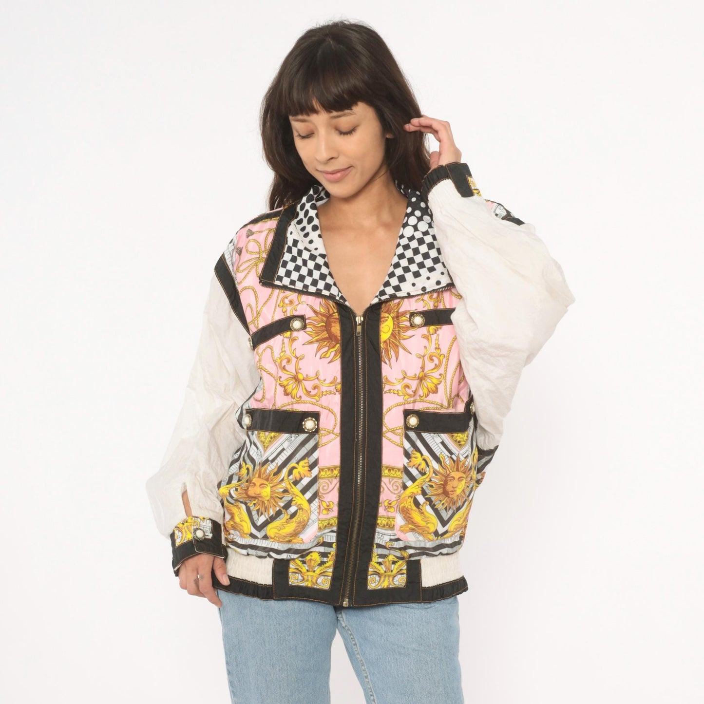 90s Giacca Sport Celestial Baroque Windbreaker Pink Gold Zip Jacket Large L