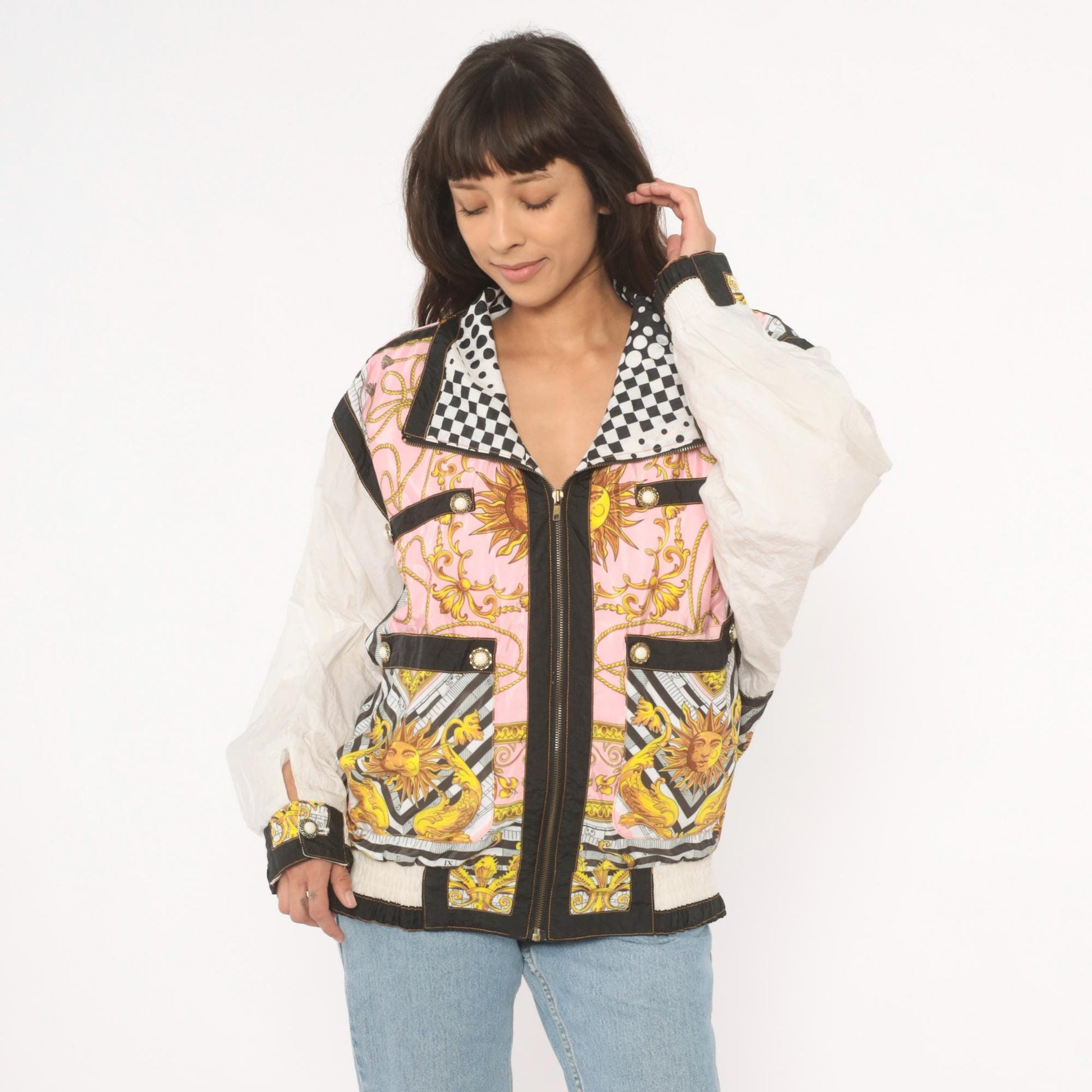 90s Giacca Sport Celestial Baroque Windbreaker Pink Gold Zip Jacket Large L
