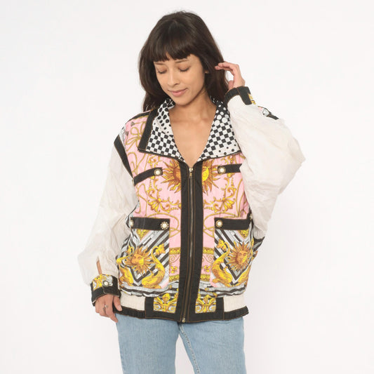 90s Giacca Sport Celestial Baroque Windbreaker Pink Gold Zip Jacket Large L