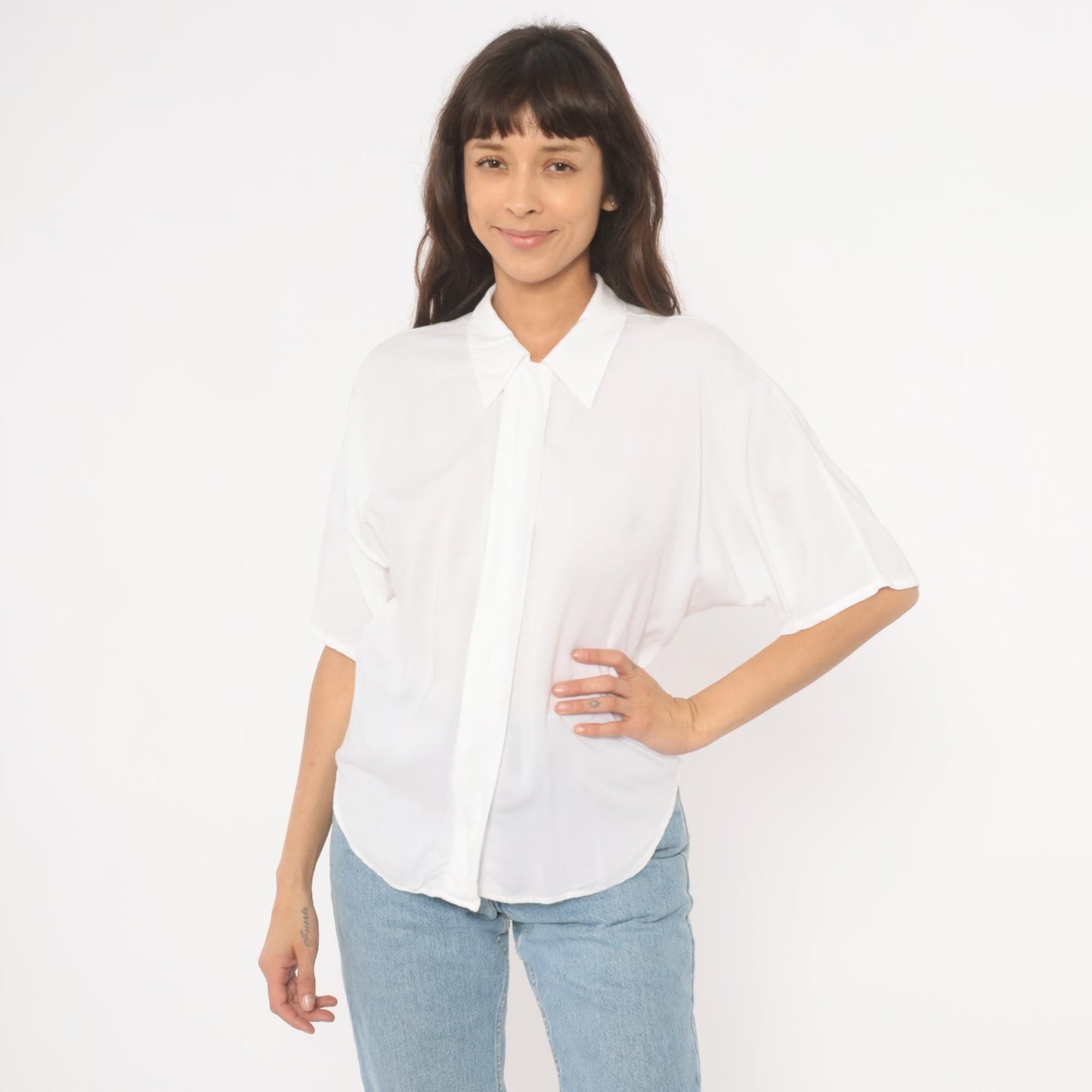 90s White Pointed Collar Blouse Hidden Placket Relaxed Fit Medium M