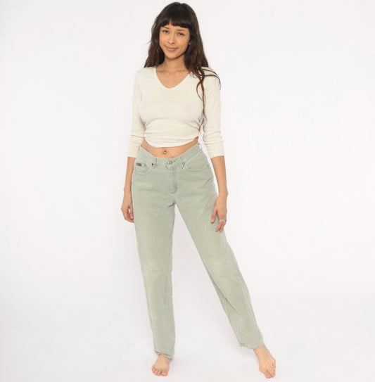 90s Riders Sage Green High-Waisted Mom Jeans Tapered Straight Leg 30W