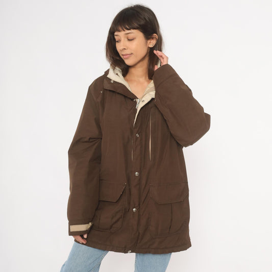 80s Woolrich Brown Hooded Parka Cargo Pockets Tan Quilted Lining Large