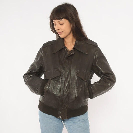 80s Golden Fleece Dark Brown Leather Bomber Jacket Cropped Small