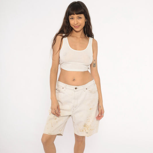 90s Levi's 550 Off-White Denim Shorts High Rise Distressed Cream Waist 36