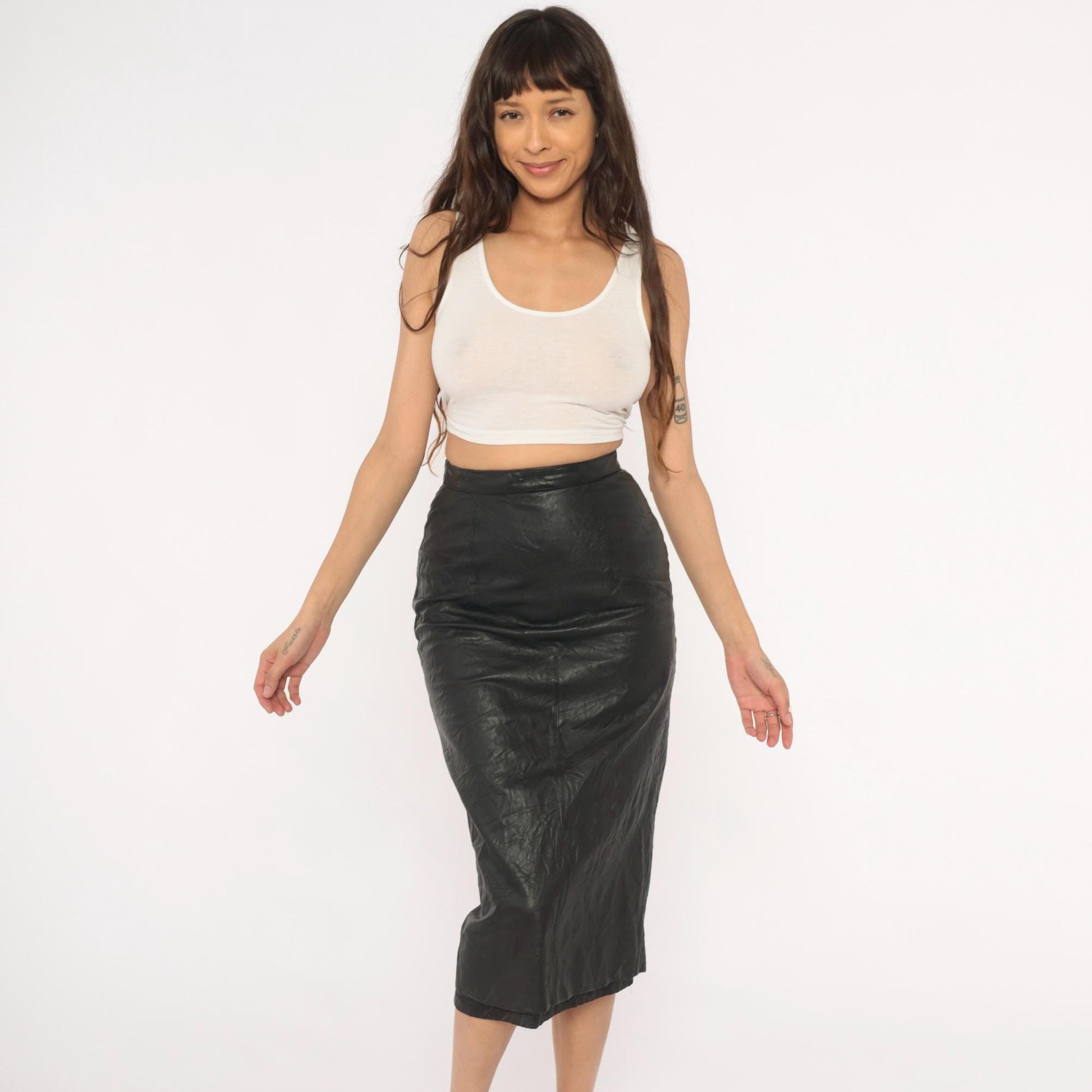 90s G 3 Leather Fashions Black Leather Pencil Skirt High Waist Midi XS
