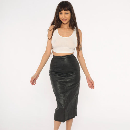 90s G 3 Leather Fashions Black Leather Pencil Skirt High Waist Midi XS
