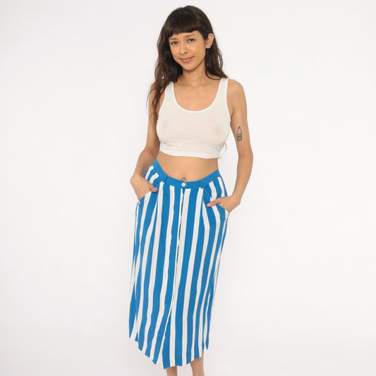 90s Jones New York Blue White Striped Midi Skirt High Waist Pockets Medium M