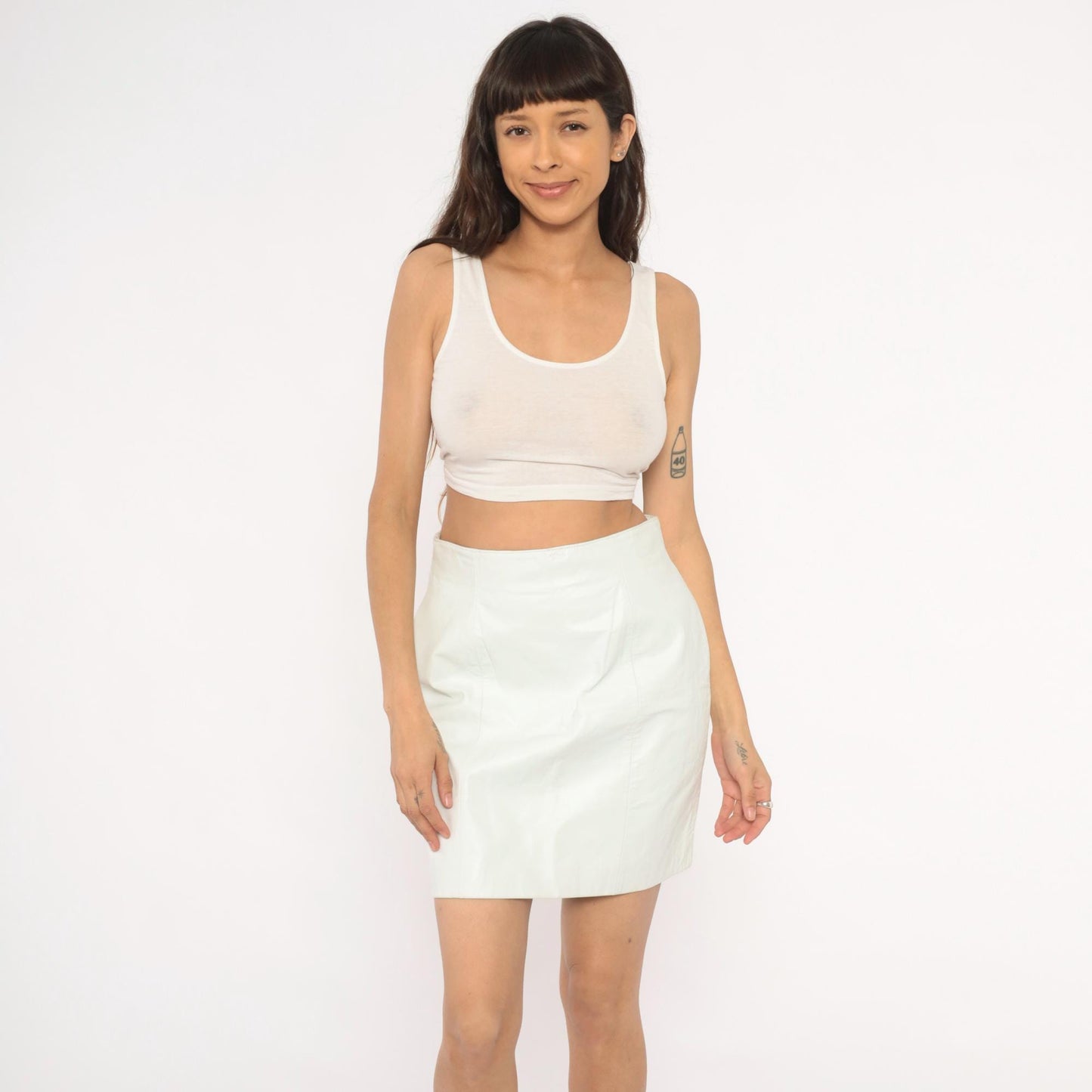 90s Byrnes & Baker White Leather Mini Skirt High Waist Pencil Medium M