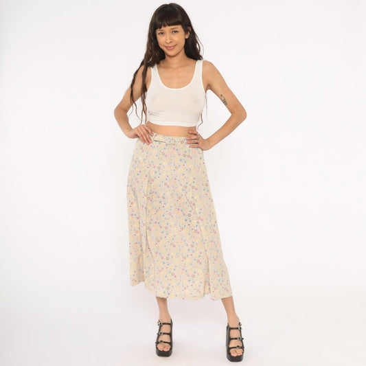 80s FT Studio Floral Midi Skirt Cream Pastel Ditsy Small Medium