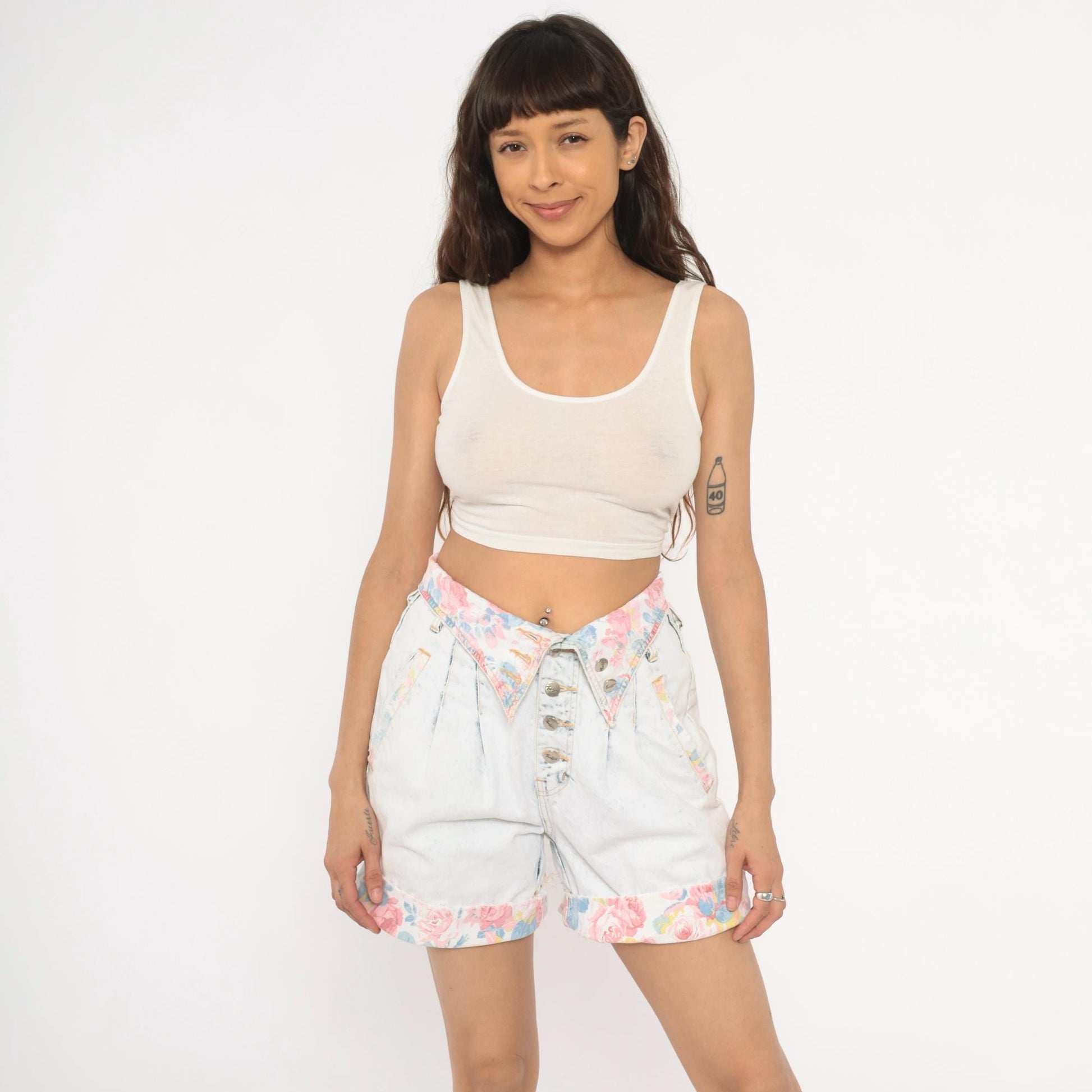 90s Traffic Acid Wash Denim Shorts Floral Yoke High Rise Pleated Medium M