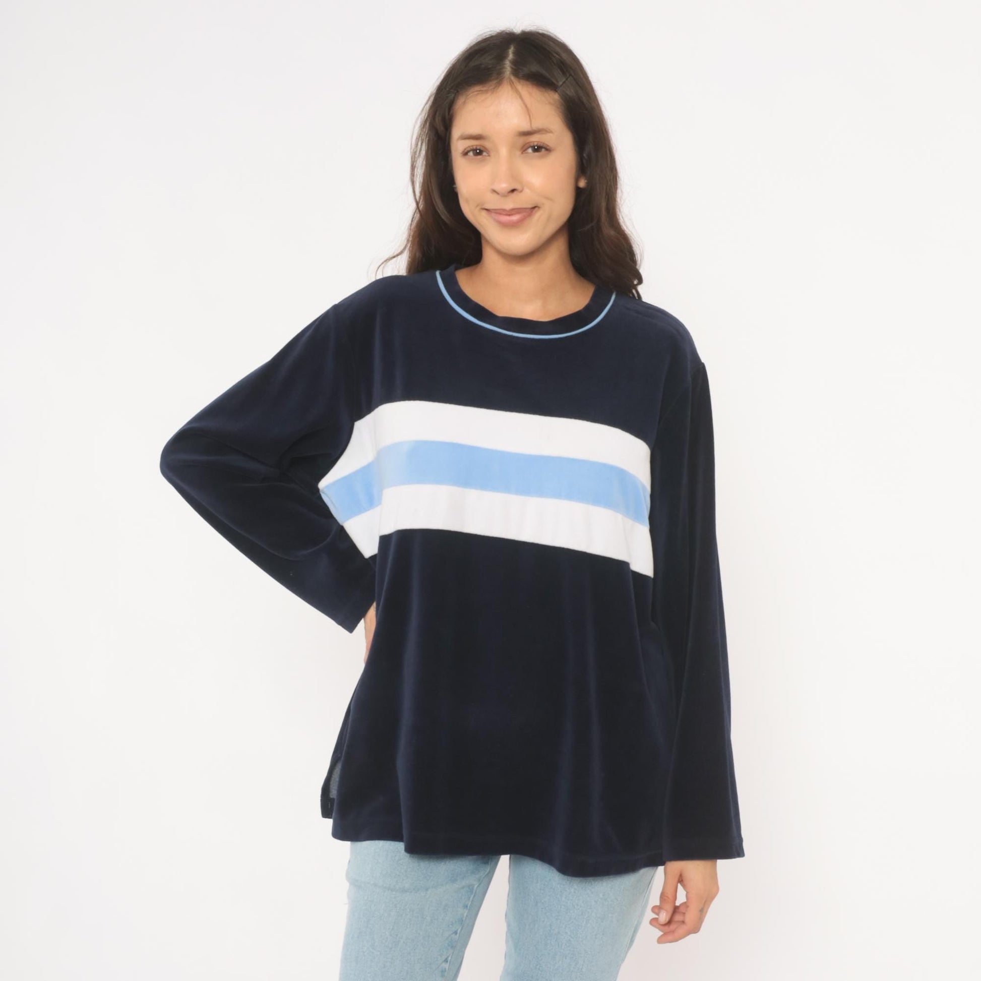 2000s St Johns Bay Navy Velour Sweatshirt Striped Chest Panel Extra Large XL