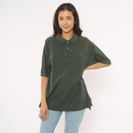 90s Polo Ralph Lauren Forest Green Cotton Pique Polo Shirt Large L