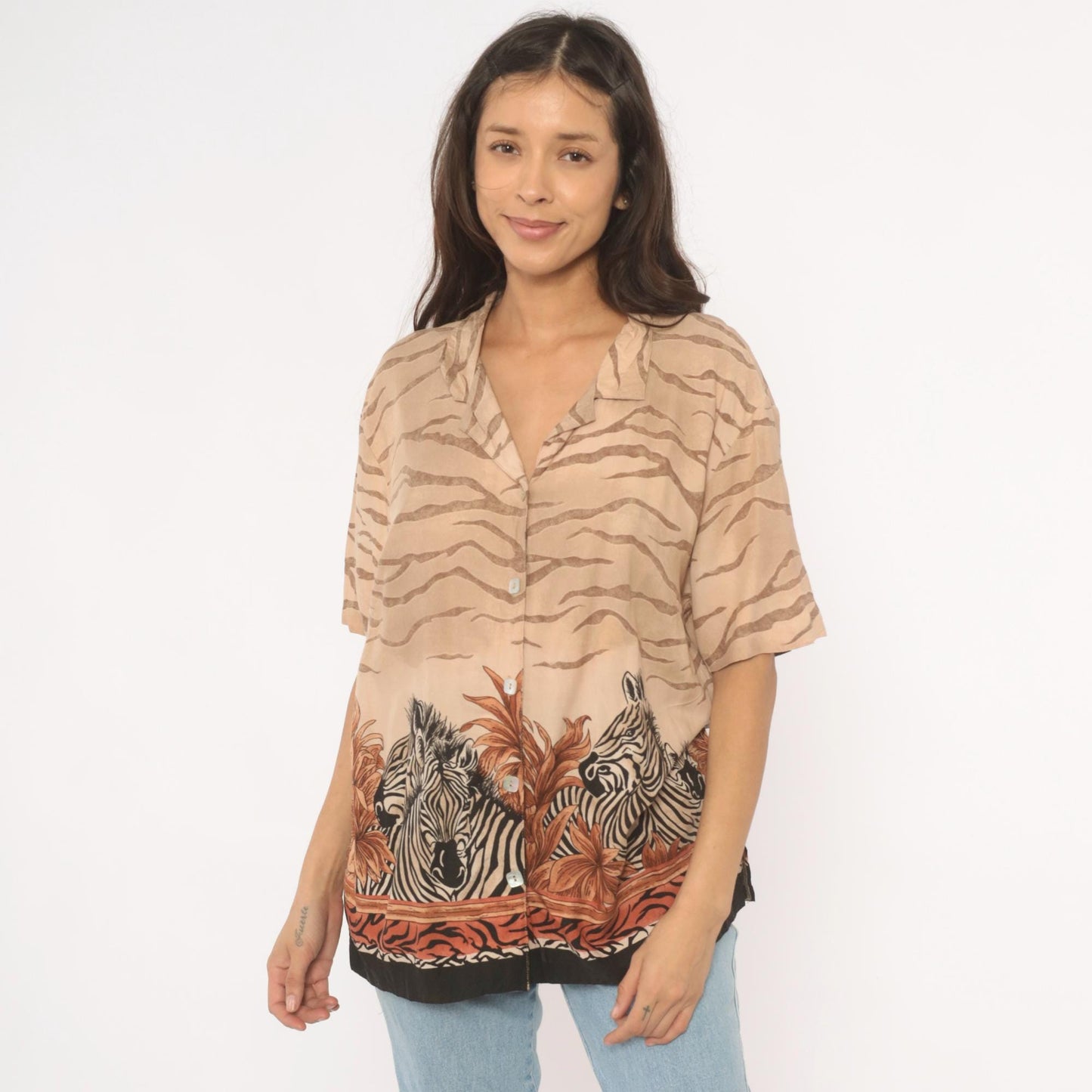 90s Teddi Zebra Safari Camp Collar Shirt Animal Print Tan Large L