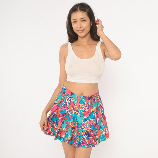 90s Lily's of Beverly Hills Pleated Mini Skirt Abstract Geometric Print Pink Teal Medium