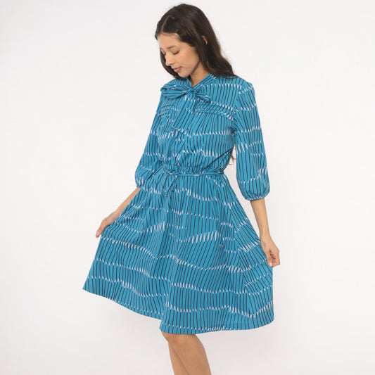 70s Teal Geometric Stripe Bow Neck Dress Puff Sleeve Belted Knee Length Large L