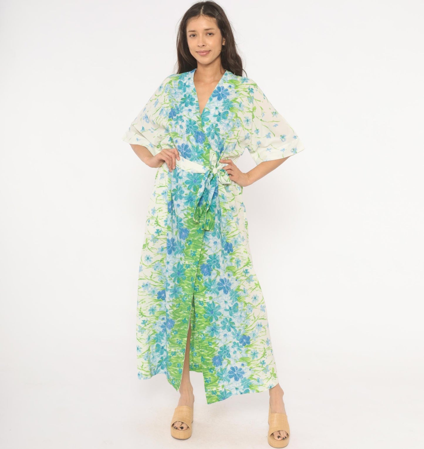70s Floral Kimono Robe Maxi Wrap Dress Watercolor Print Blue Green Medium