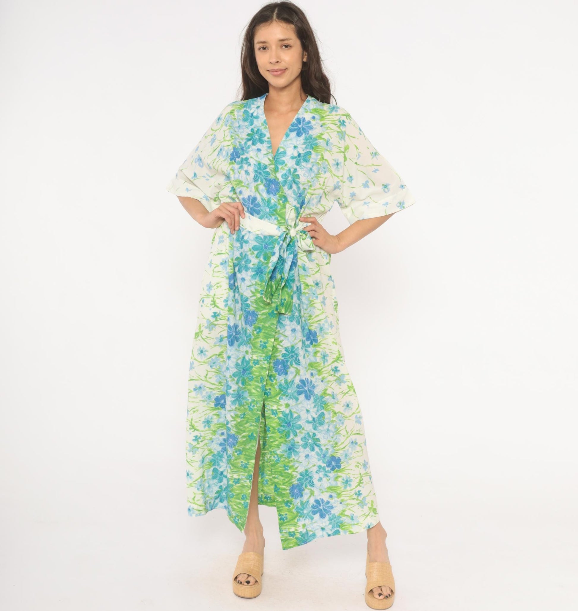 70s Floral Kimono Robe Maxi Wrap Dress Watercolor Print Blue Green Medium