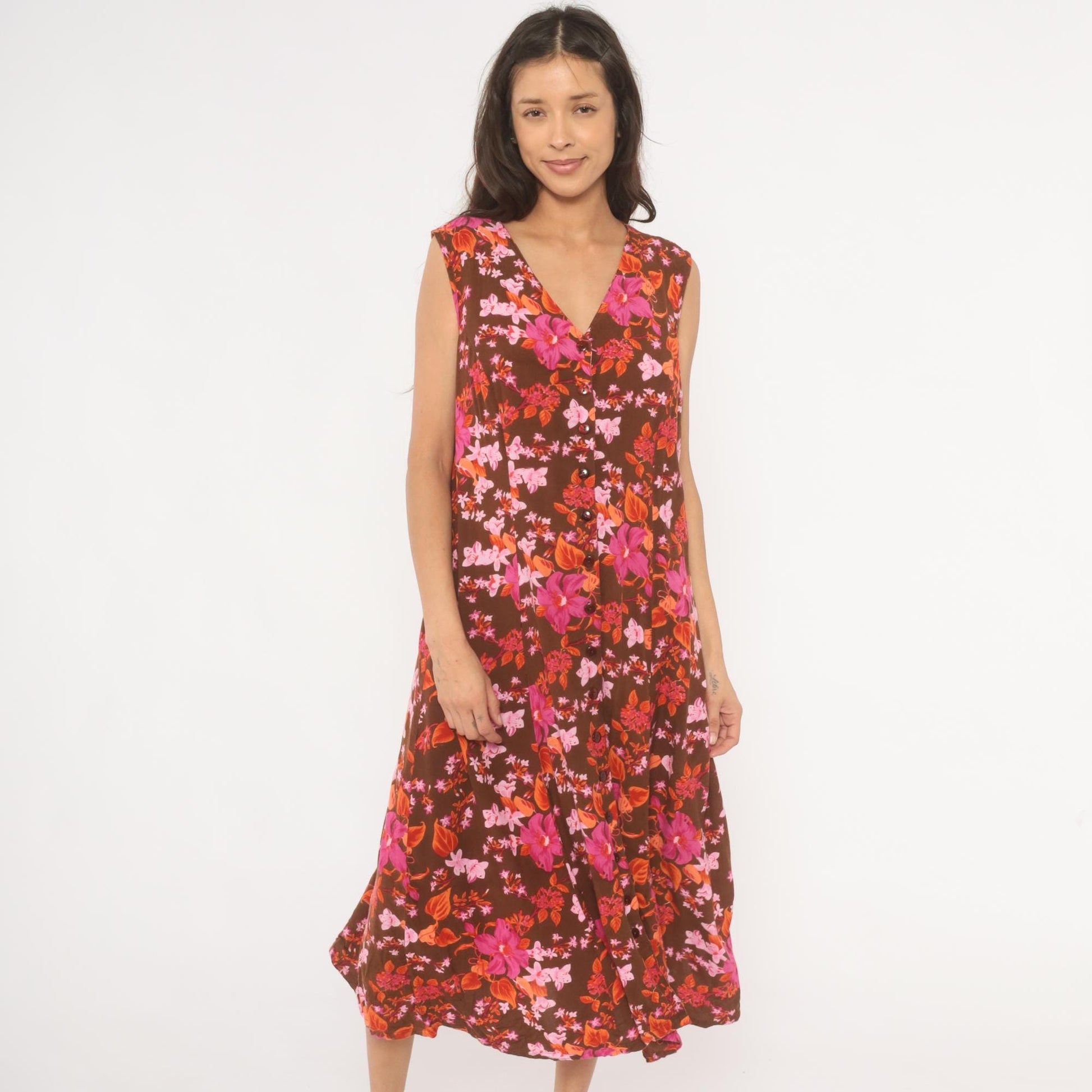 Y2K Roaman's Tropical Floral Midi Dress Brown Pink Orange Button Front Plus Size 14W