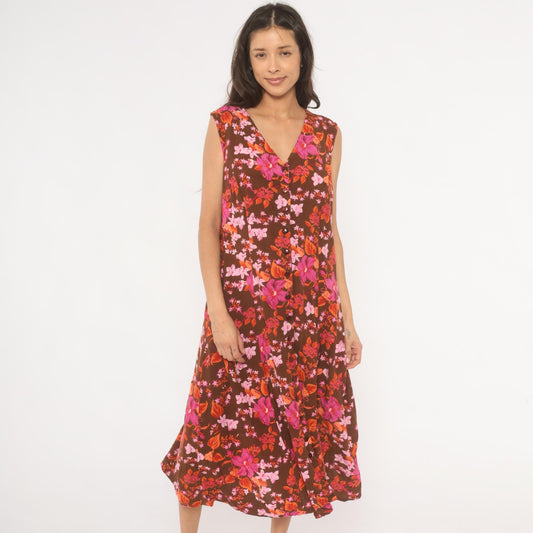 Y2K Roaman's Tropical Floral Midi Dress Brown Pink Orange Button Front Plus Size 14W
