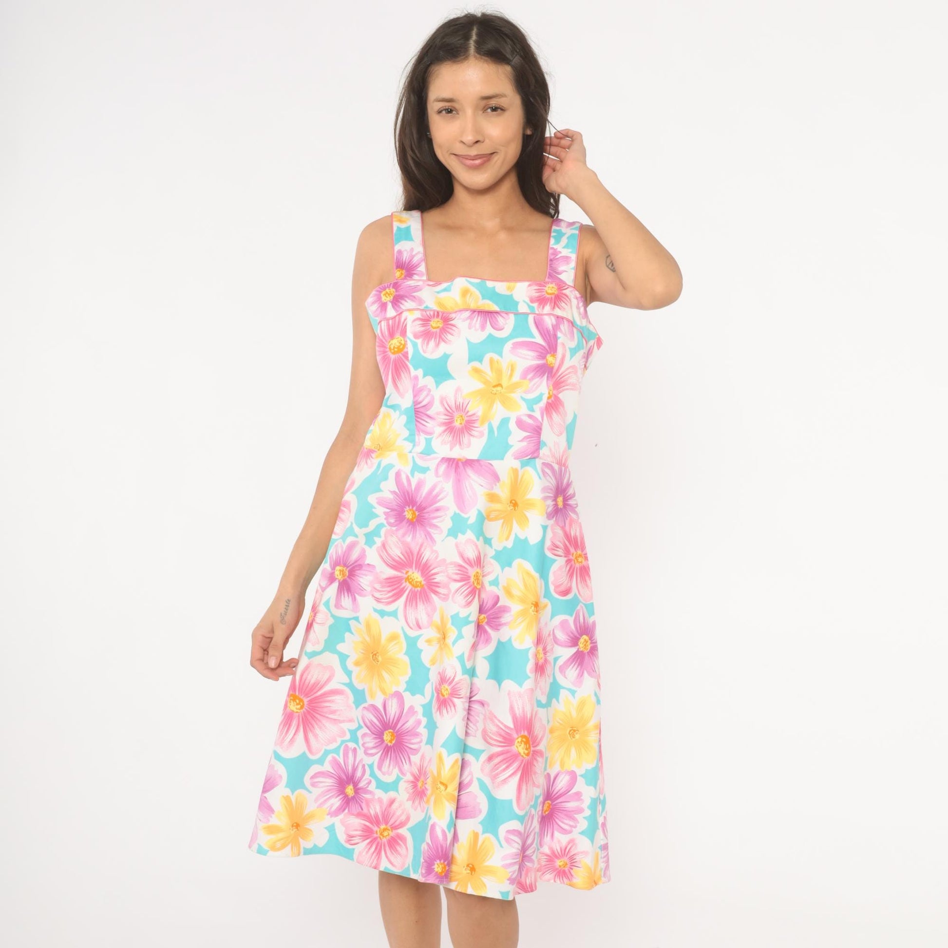 90s Scarlett Floral Sundress Square Neck Daisy Print Sky Blue Medium M